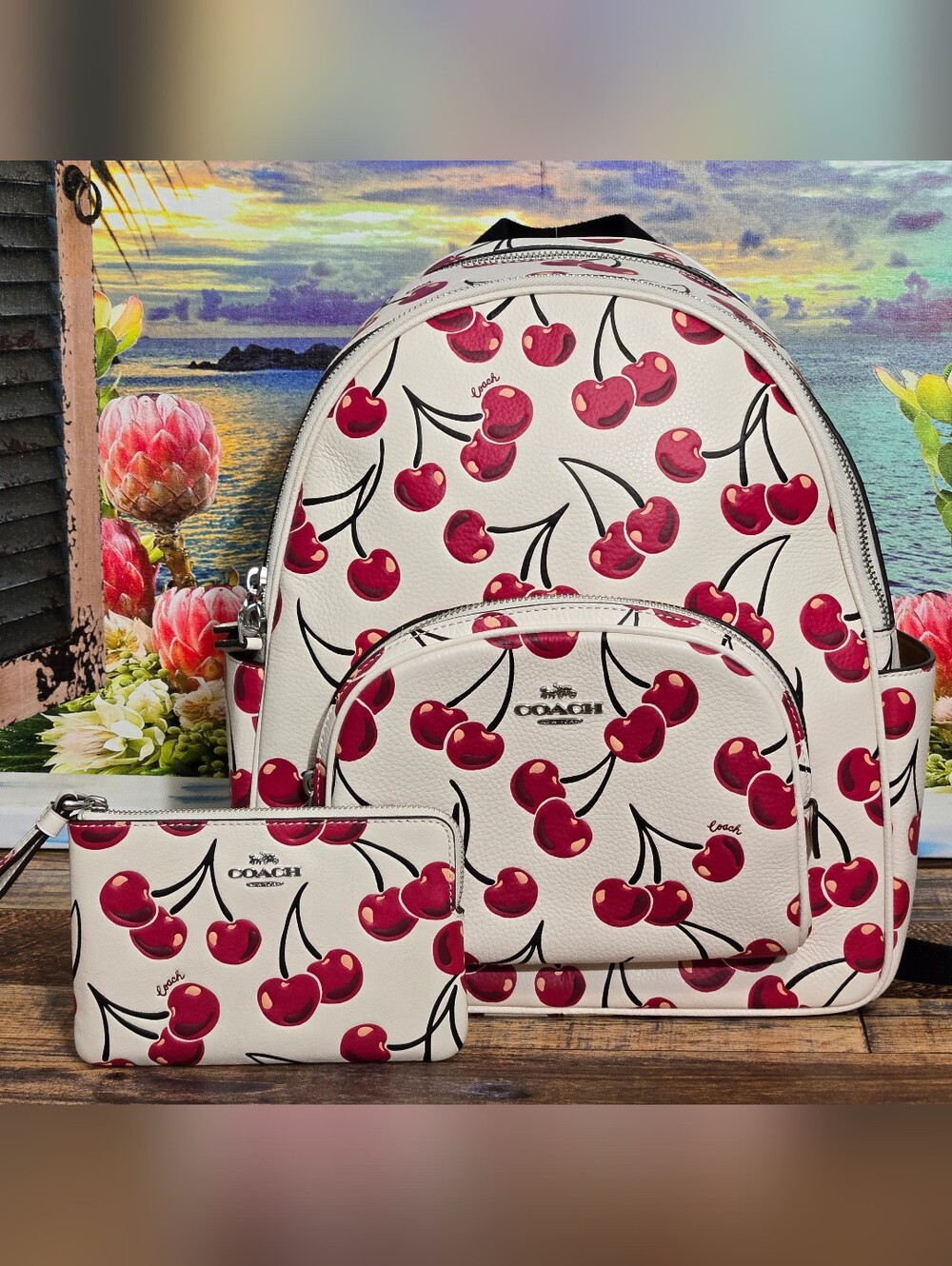 Coach Court Backpack With Cherry Print And Wristlet